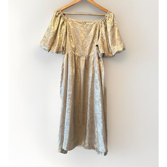 NWT Celadon Puff Sleeve Baby Doll Dress Metallic Gold Women Off Shoulder Size L - Picture 3 of 13